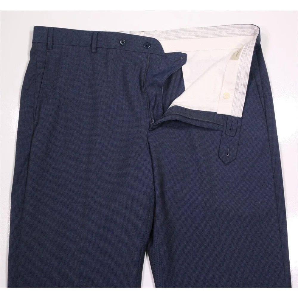 Zanella Todd Blue Checkered Flat Front Wool Dress Pants Trousers 40x27 - Picture 5 of 7
